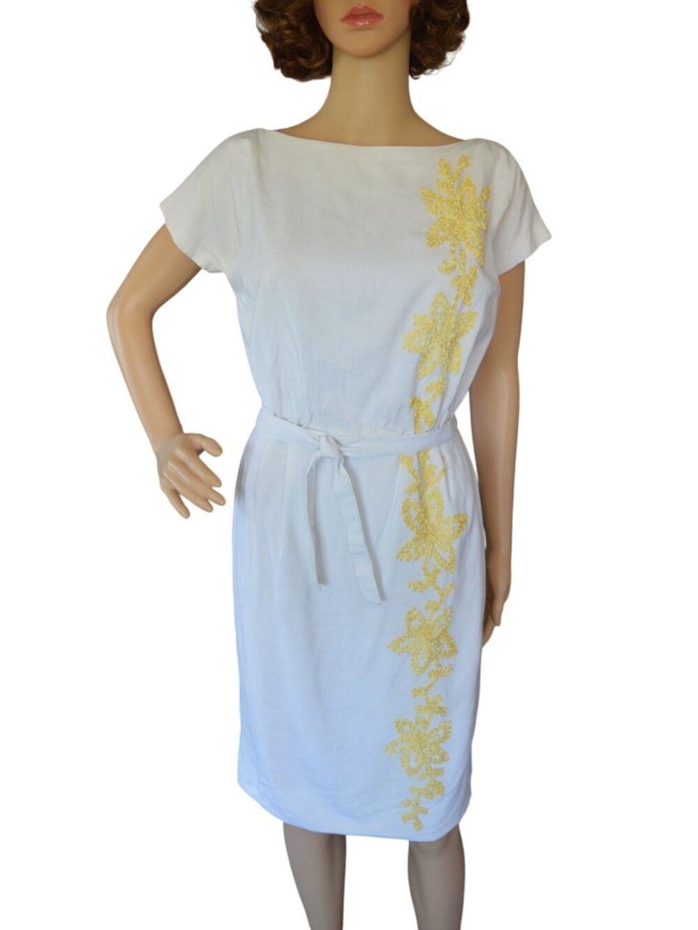 Vintage 70s Parklane Juniors Mod Wiggle Dress Floral Applique Size S Cream Yello